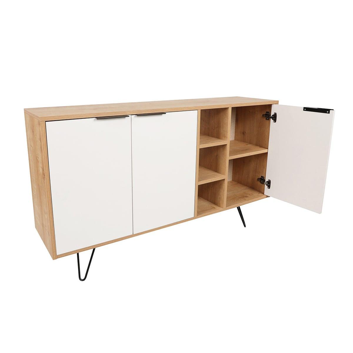 SIDEBOARD 3 Nischen und 3 Türen L142 cm - Clara - Eichefarben/Weiß, Holzwerkstoff (35.6/83/15cm) - Calicosy