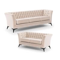 SITZGARNITUR 3+2 Chesterfield Whitby Beige Samt mit schwarzen Füßen - Beige/Schwarz, Holz/Textil (237/78/82cm) - S-Style Möbel