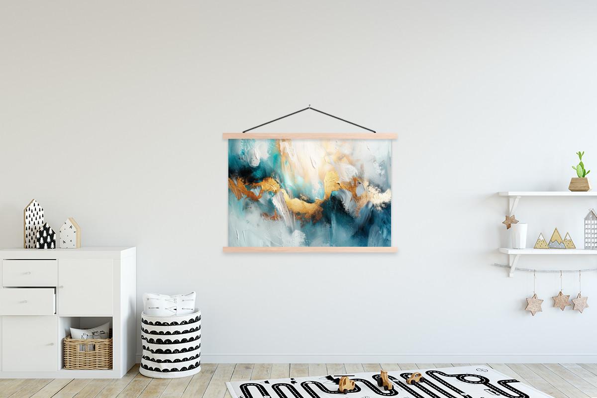 POSTER MIT MAGNETLEISTEN Abstrakt - Kunst - Gold - Blau Magnetleiste 120x80 cm - Petrol, Textil (120/80/0.15cm) - MuchoWow