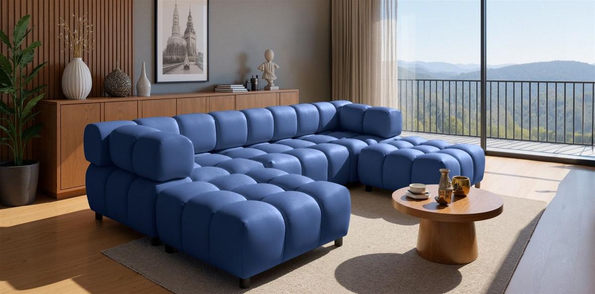 SOFA 3-sitzer Und 2-polsterhocker Flow - Blau, Holzwerkstoff/Textil (288/71/96cm) - Fun Möbel