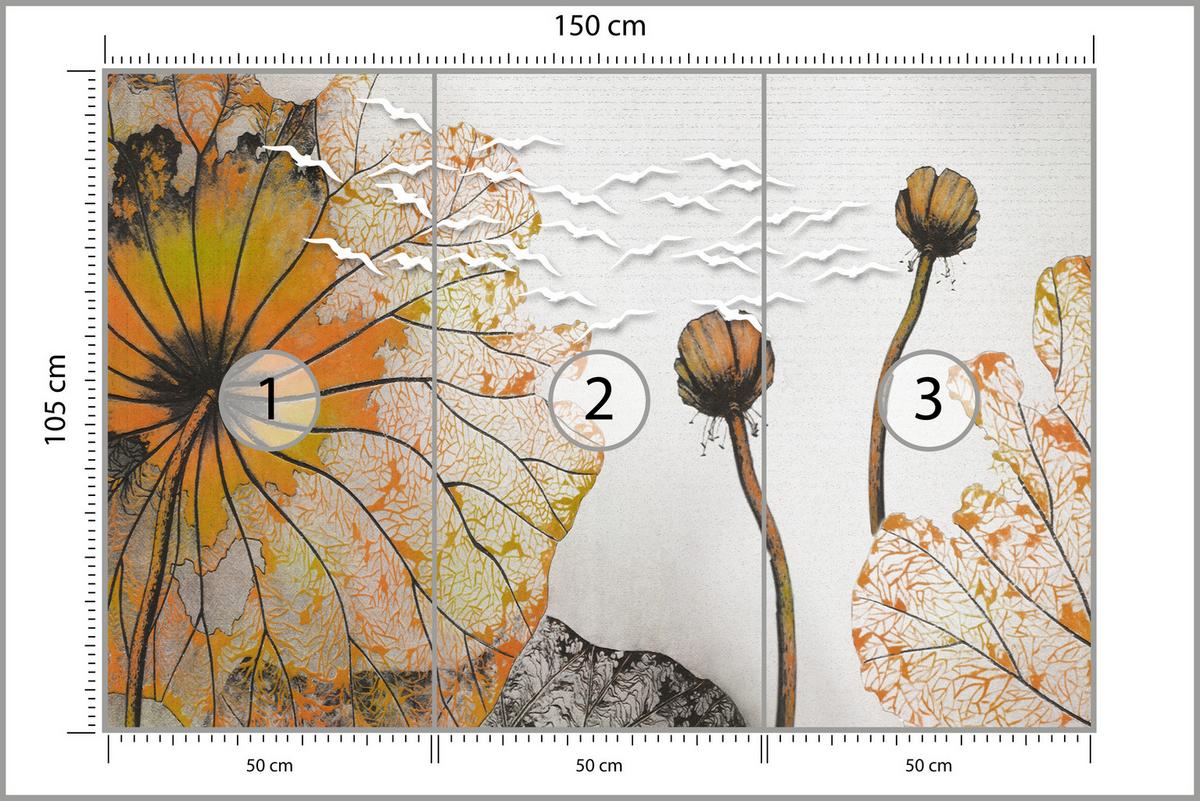 FOTOTAPETE für Esszimmer Große Abstrakte Orange Blumen Blätter 150x105 - Gelb/Orange, Papier (150/105cm) - Muralo