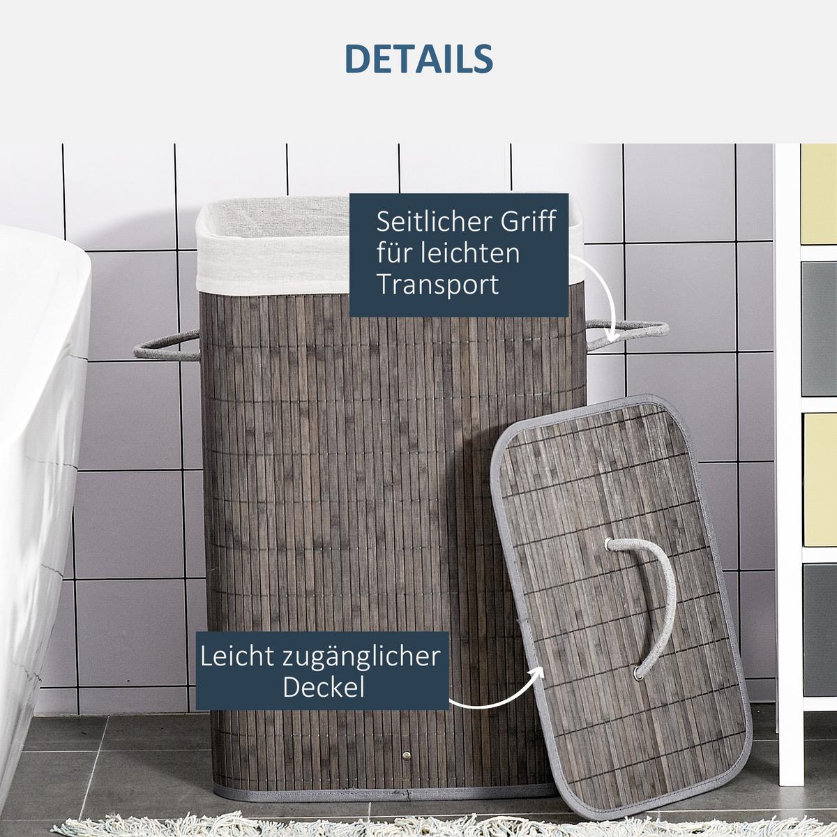 WÄSCHEKORB schmal mit Deckel 83L, Bambus, Grau - Grau, Naturmaterialien (32/61/43cm) - HOMCOM