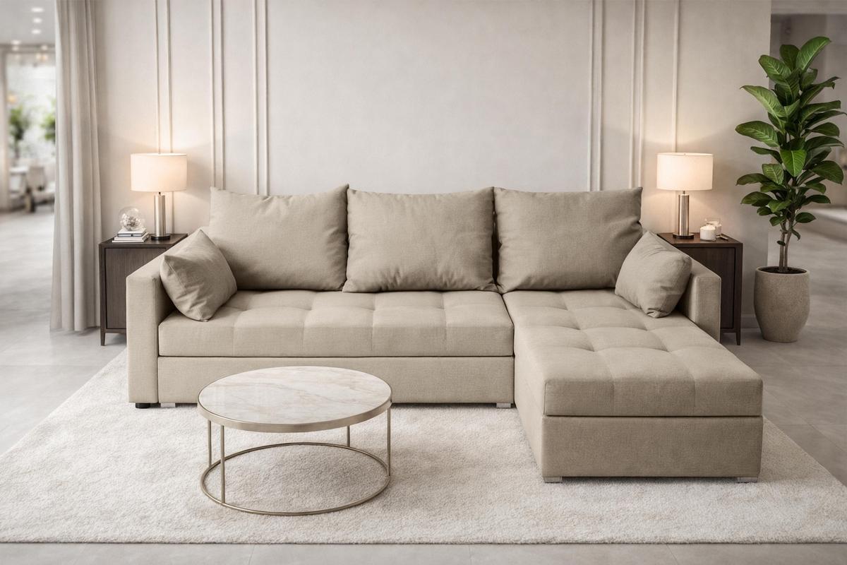 ECKSOFA Universelle L Form Elif Beige 220/140/85 cm stilvolle mit Schlaffunktion - Beige/Silberfarben, Kunststoff/Textil (220/140cm) - AX Living
