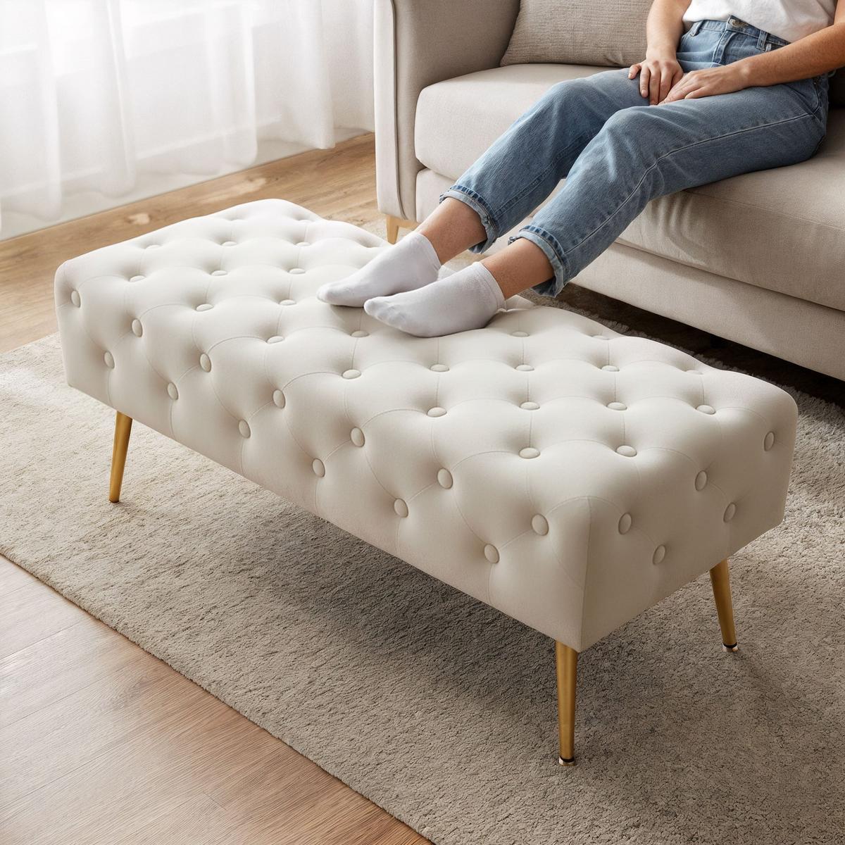 POLSTERBANK mit Samt - Optik Beige 42/41/42 - Beige, Textil (100/41/42cm) - RAUMHIRSCH FURNITURE