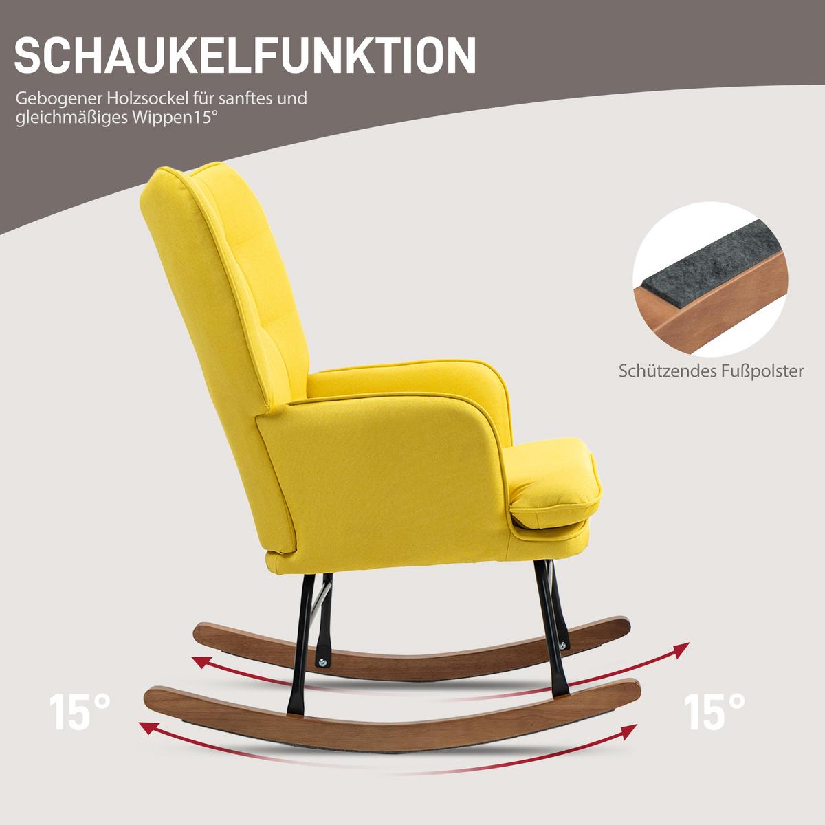 SCHAUKELSTUHL Schwingsessel mit Hocker Armlehnsessel Relaxsessel mit Leinenoptik - Gelb/Schwarz, Holz/Buchenholz (89/90/64cm) - HOMCOM