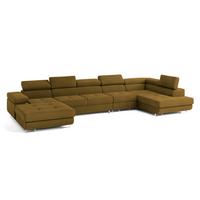 WOHNLANDSCHAFT VELORA R-S Gelb Velours-Stoff mit Schlaffunktion - Gelb, Holz (419/90/202cm) - MASSENO