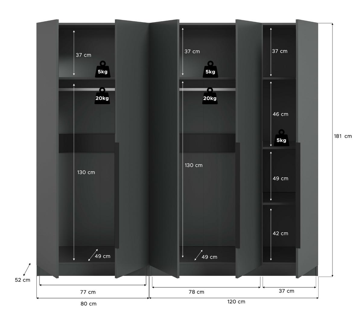 KLEIDERSCHRANK grau 5-türig 200 x 181 cm, Drehtürenschrank mit zusätzlichen Einlegeböden - Schwarz/Grau, Holzwerkstoff/Kunststoff (200/181/52cm) - Inn.Furn