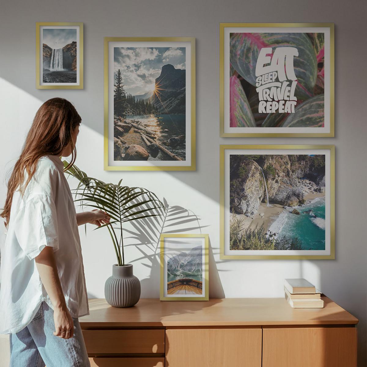 BILDER SET 5er Set - 50x50 cm & 20x30 cm & 40x60 cm Goldrahmen - Wasserfall Bergreise Natur - Goldfarben, Kunststoff (40/60cm) - TULUP