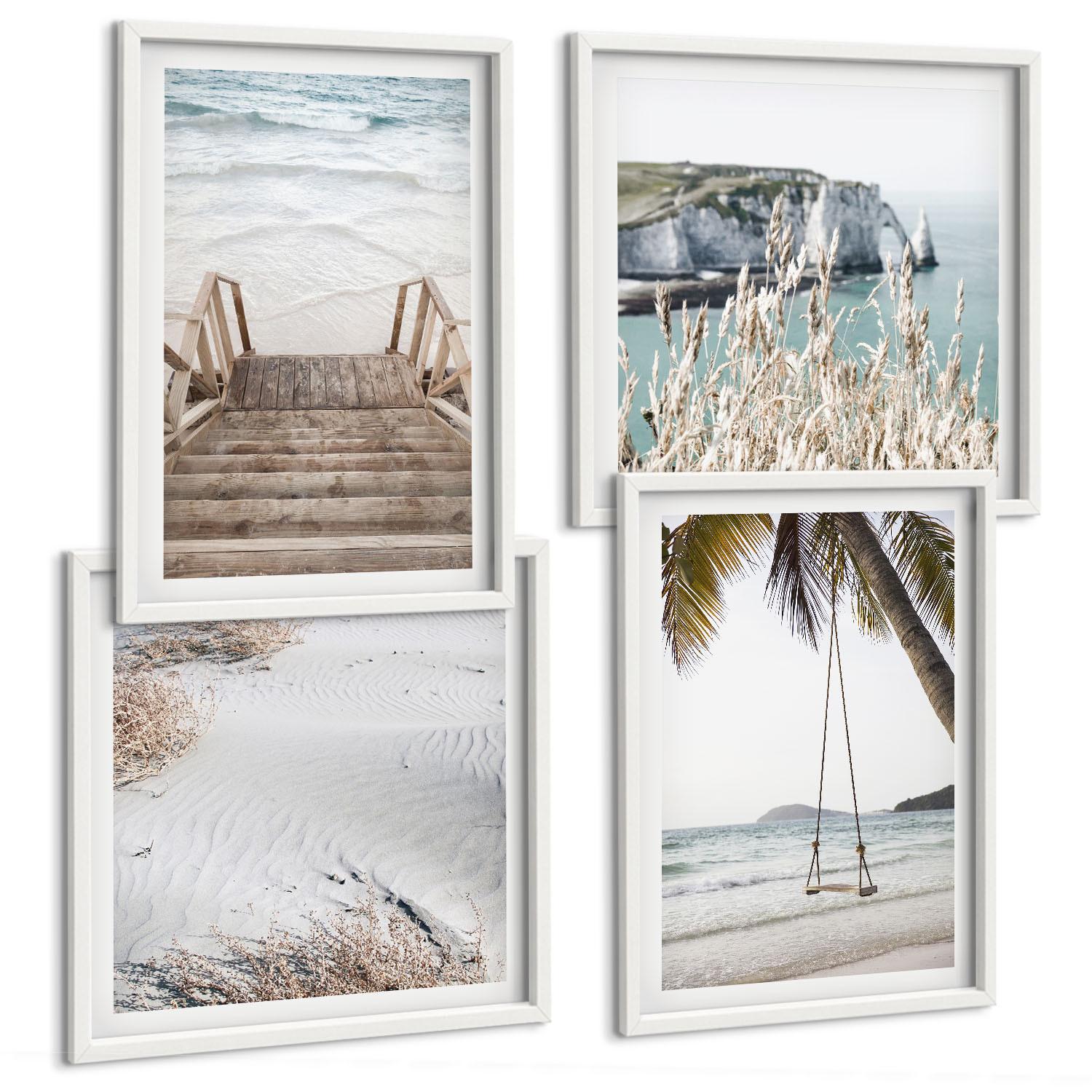 BILDER SET 4er Set - 50x50 cm & 40x60 cm Weißer Rahmen - Strandtreppe Schaukel Meer - Weiß, Kunststoff (50/50cm) - TULUP