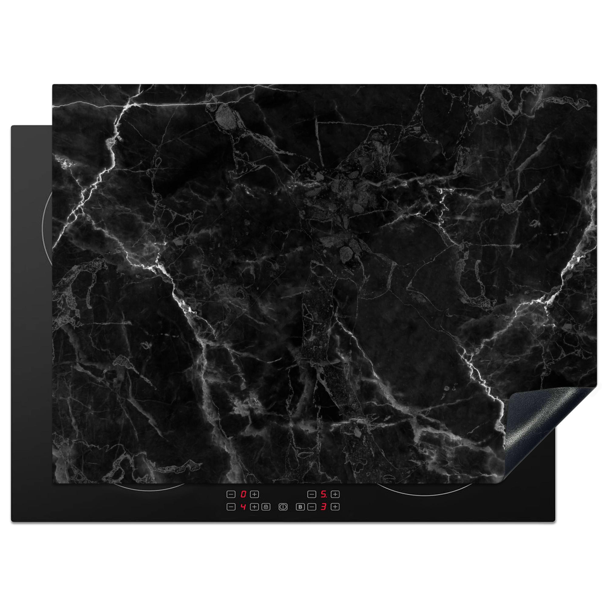 HERDABDECKPLATTE Marmor - Schwarz - Weiß - Textur - Marmoroptik Herdabdeckung Induktionsfeld 70x52 cm - Silberfarben, Kunststoff (70/52/0.2cm) - MuchoWow