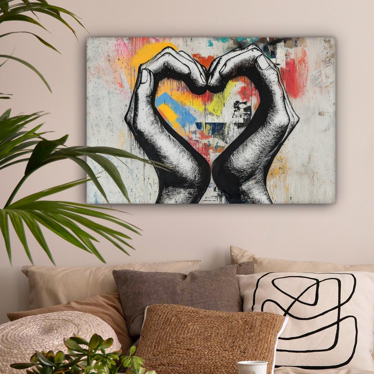 LEINWANDBILD Hände - Herz - Straßenkunst - Graffiti Wanddeko 90x60 cm - Multicolor, Textil (90/60cm) - MuchoWow