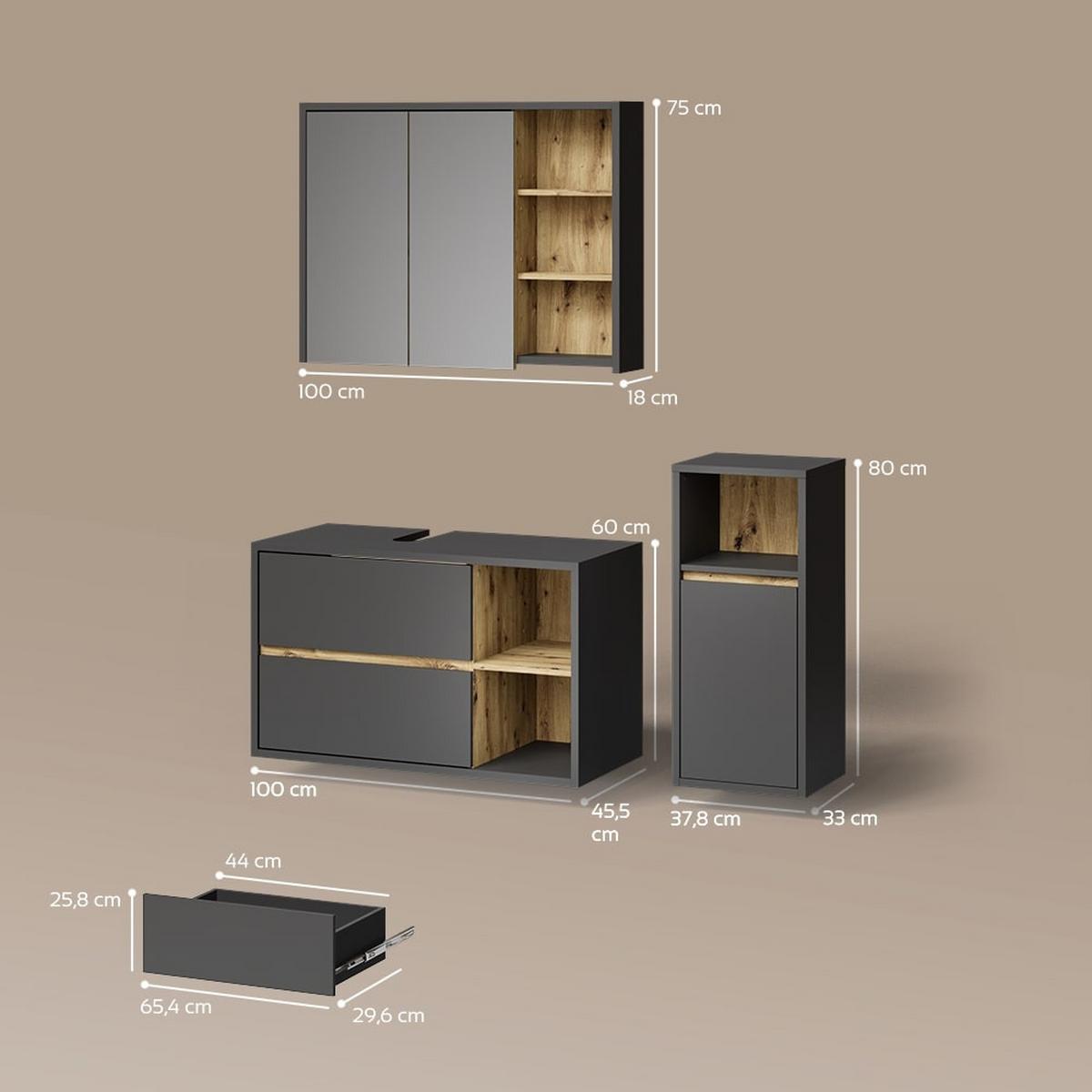 BADMÖBEL-SET Vomano Anthrazit 3 Teile, mit Midischrank - Anthrazit, Holzwerkstoff (100/75/45cm) - Livinity®