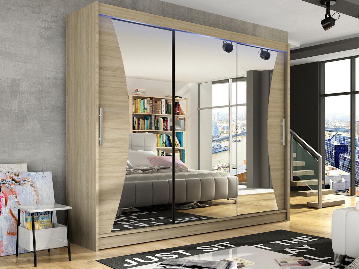 KLEIDERSCHRANK Aston IV, mit RGB LED Beleuchtung - Silberfarben/Sonoma Eiche, Holzwerkstoff/Kunststoff (250/215/58cm) - MIRJAN24