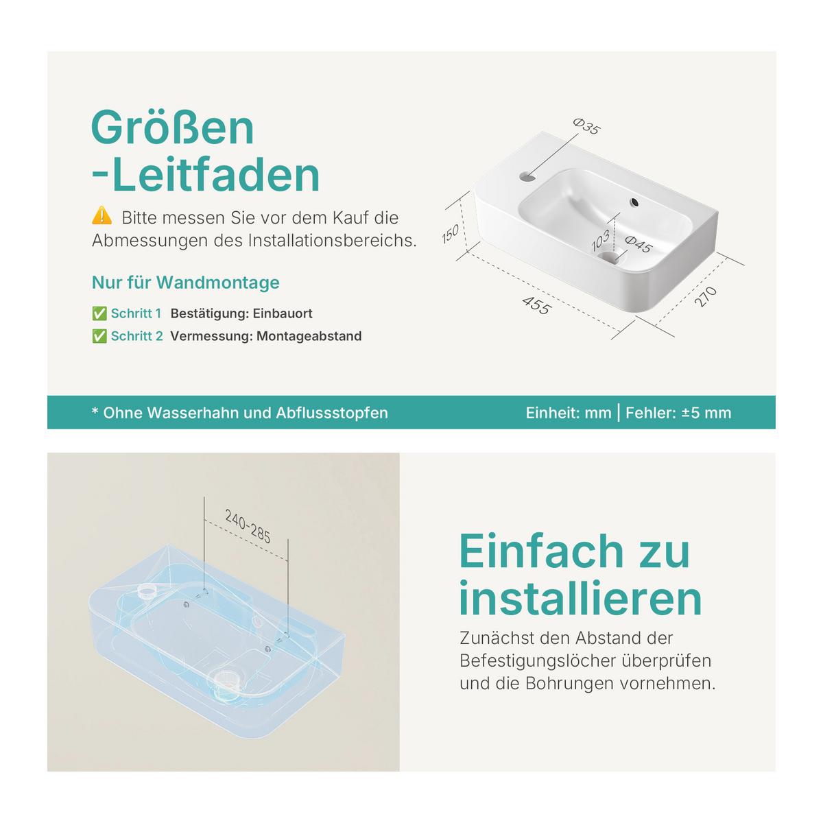 WASCHBECKEN Rechteckig Mit Hahnloch rechts Weiß 45 / 26,5 / 15,6 cm - Weiß, Keramik (45/15.5/26.5cm) - EMKE