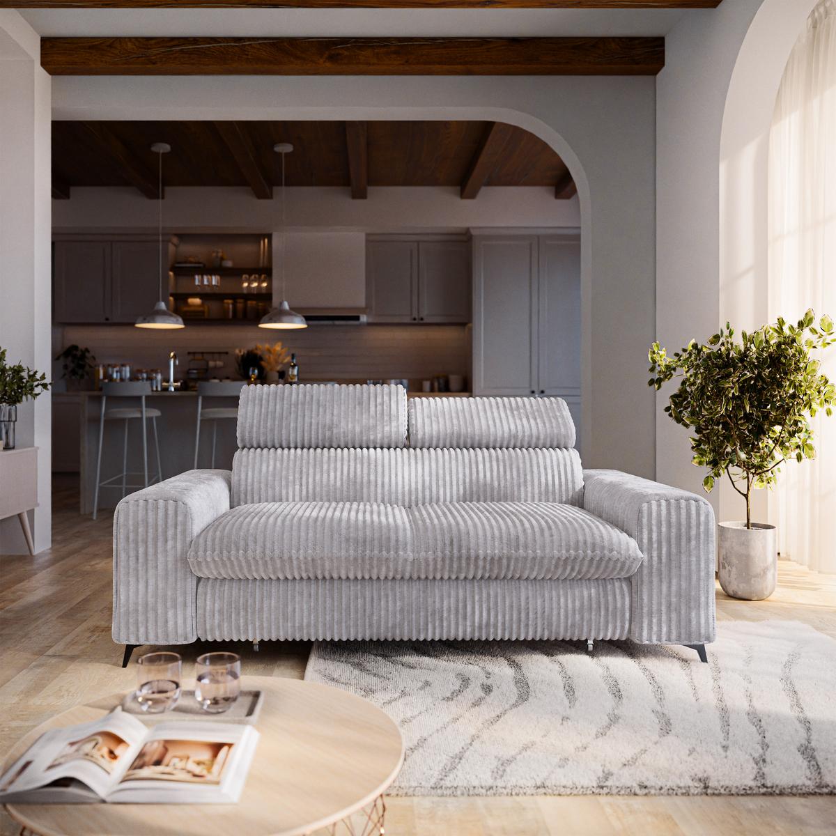 BETTSOFA BENETE Hellgrau Cordstoff mit Schlaffunktion - Hellgrau, Holz/Textil (191/89/92cm) - MASSENO