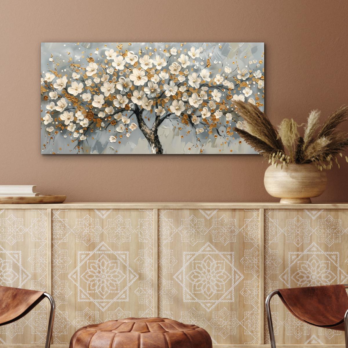 METALLBILD Baum - Blumen - Weiß - Natur - Kunst 80x40 cm - Weiß, Metall (80/40cm) - MuchoWow