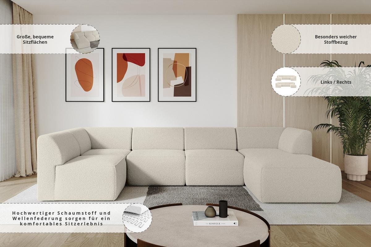 WOHNLANDSCHAFT Ottomane Rechts MOVO-L 345x180x78 cm Beige Bouclé - Hellbraun, Holzwerkstoff/Kunststoff (180/78/345cm) - ALTDECOR