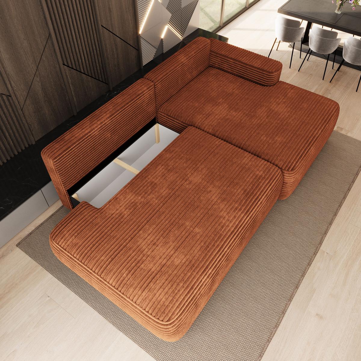 ECKSOFA AVINI T R-S Braun Kordstoff mit Schlaffunktion - Braun, Holzwerkstoff/Textil (277/160cm) - MASSENO