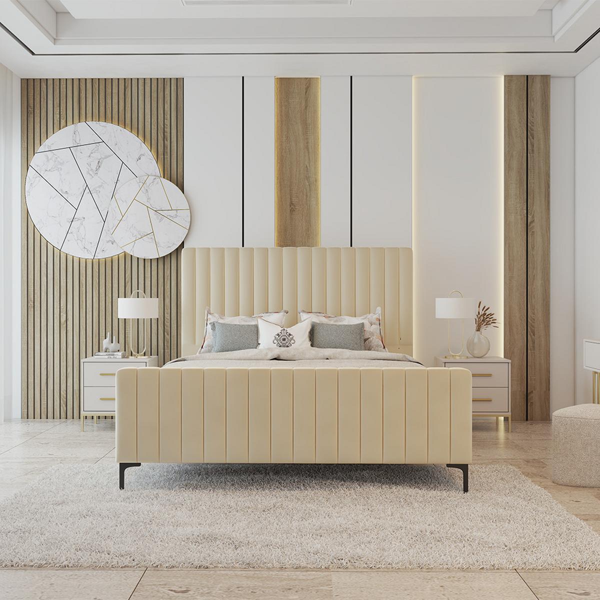 POLSTERBETT AURORA, Lattenrost, ohne Bettkasten, gepolsterte Kopfstütze 160/200 in Creme - Creme/Schwarz, Holz/Textil (160/200cm) - imoebel24