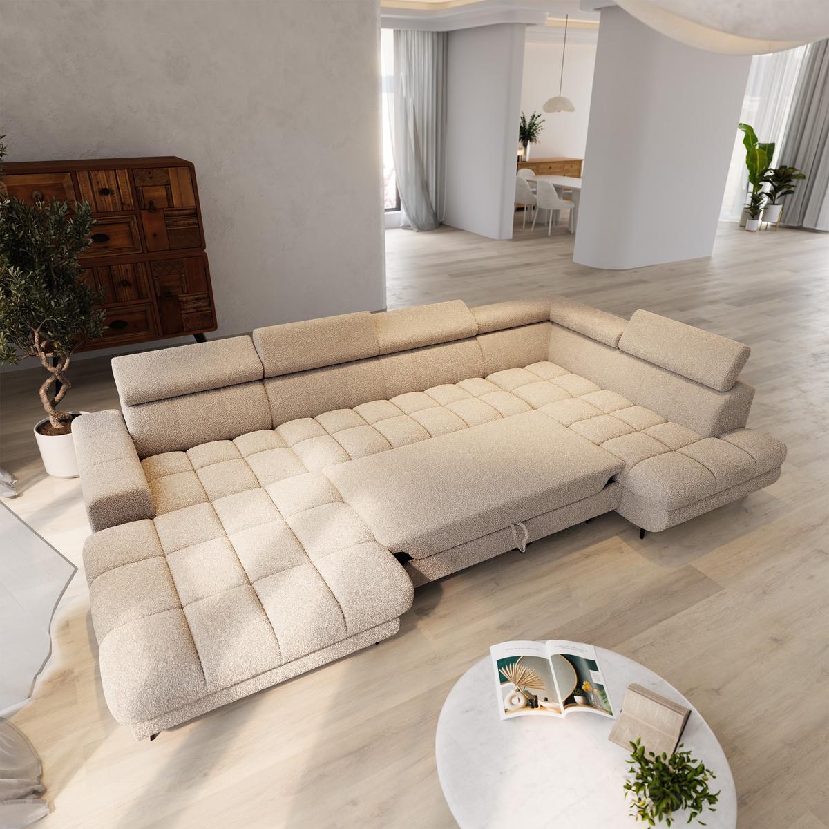 WOHNLANDSCHAFT CORENO Beige Boucle-Stoff mit Schlaffunktion - Beige, Holz (345/88/190cm) - MASSENO