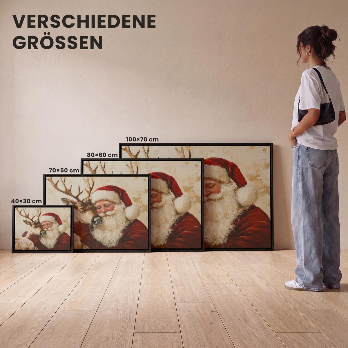 LEINWAND Bilder mit Rahmen - Weihnachtsmann - Rentier - Weihnachten - 70x50 - Rotbraun, Textil (70/50cm) - MuchoWow