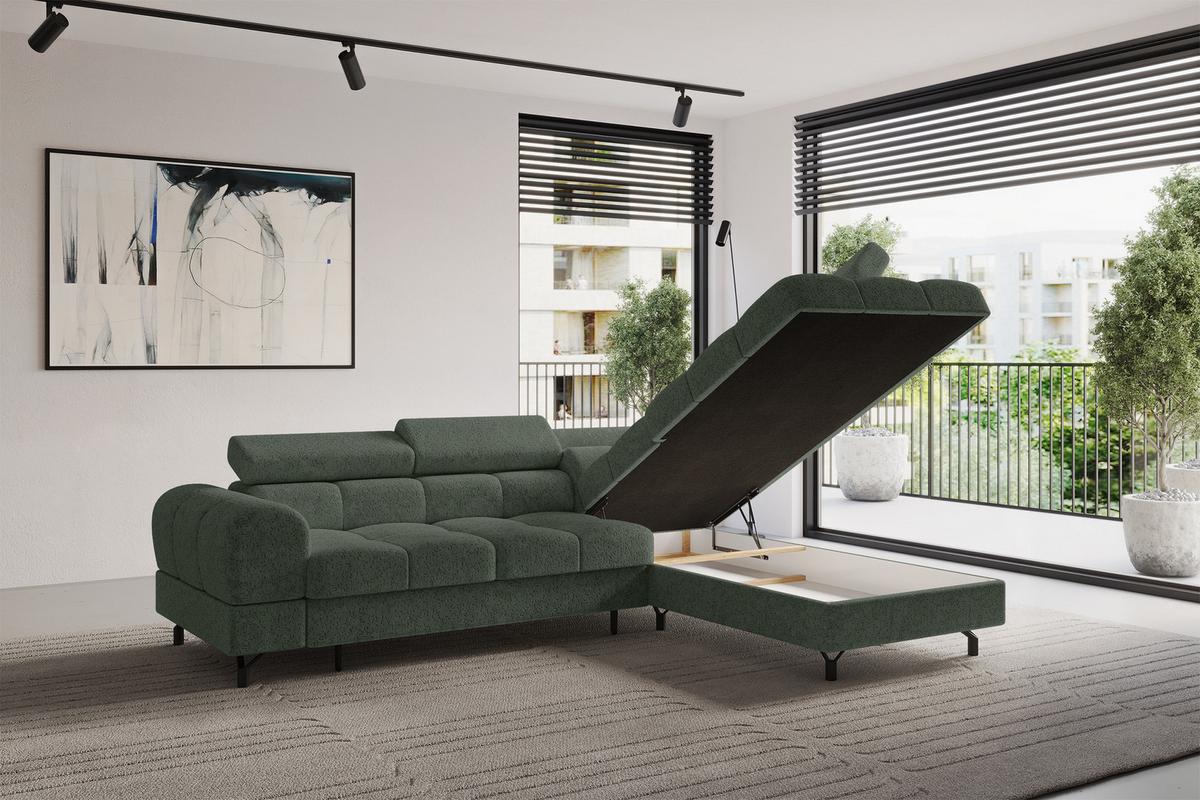 ECKSOFA mit Schlaffunktion Ottomane Rechts LUMA-L 272x203x70 Grün Velours - Schwarz/Grün, Holzwerkstoff/Kunststoff (203/272cm) - ALTDECOR