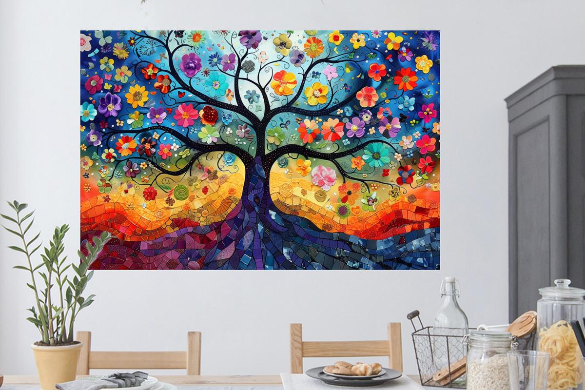 WANDTATTOO Kunst - Baum des Lebens - Blumen - Hippie Wandsticker 120x80 cm - Dunkelblau, Kunststoff (120/80/0.1cm) - MuchoWow