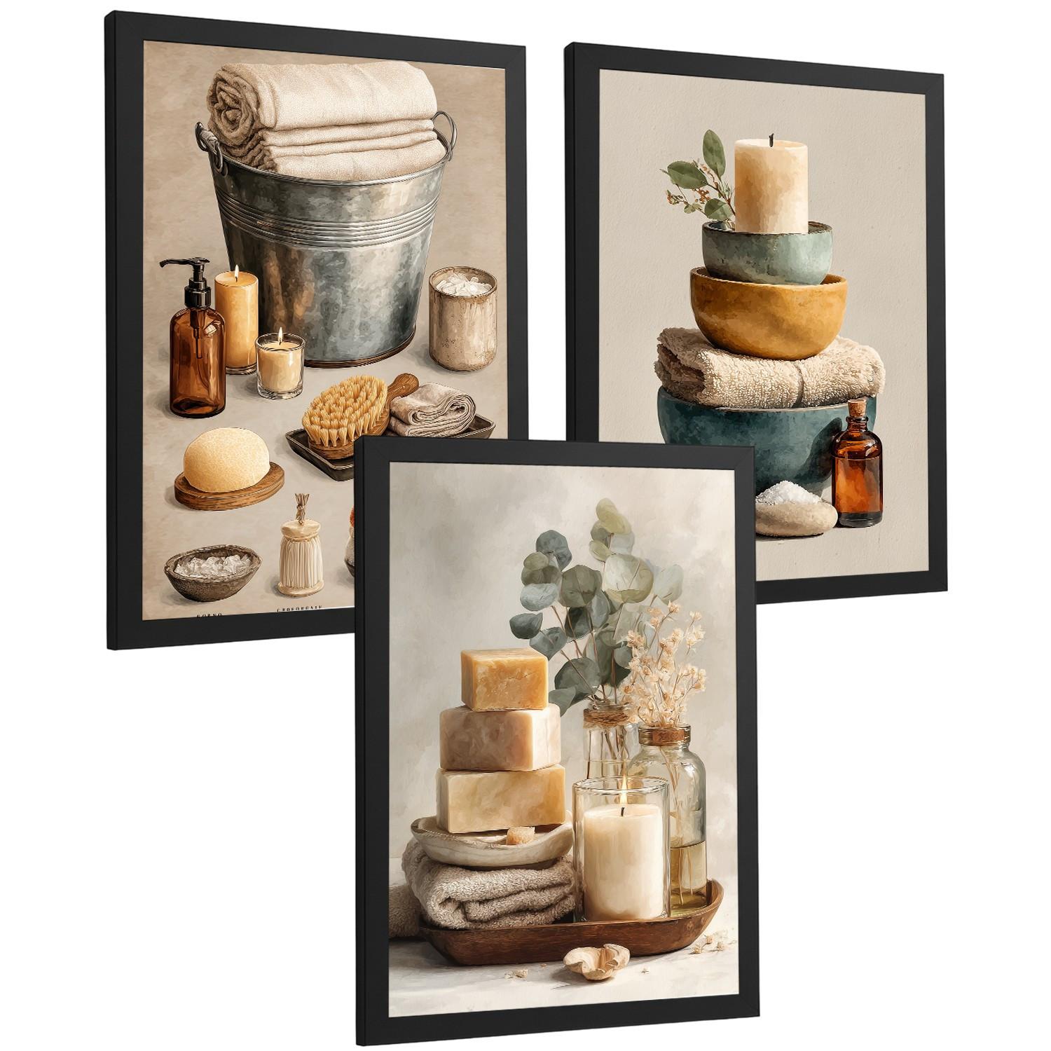POSTER Set aus 3 Badezimmer Wandbildern und Drucke zur Dekoration für Waschbecken Dusche WC mit Kerzen Seifen und Handtüchern Schwarzer Rahmen A4 - Schwarz, Papier (29.7/21/3cm) - Nacnic