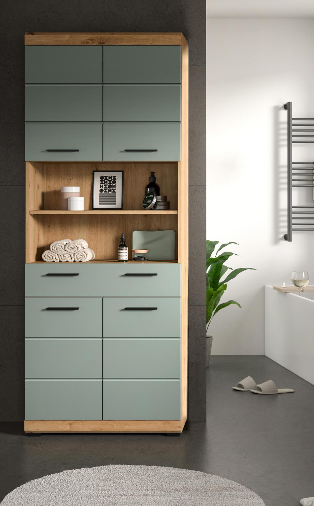 HOCHSCHRANK Salbei grün, Eiche Artisan 74 cm, Badschrank mit 6 Fächern - Salbeigrün/Schwarz, Holzwerkstoff/Kunststoff (74/191/31cm) - Inn.Furn