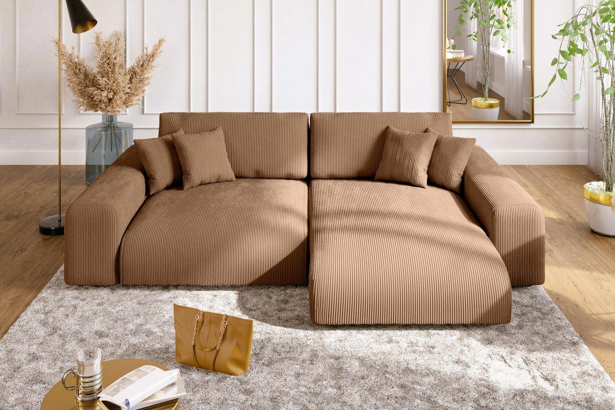 ECKSOFA mit Schlaffunktion, Bettkasten, Wellenunterfederung, seitenverkehrt montierbar B255/T165/H84 cm, Liegefl. 148x196 cm, Cord Hellbraun / 21002 - Hellbraun/Schwarz, Kunststoff/Textil (255/165cm) - luma-home