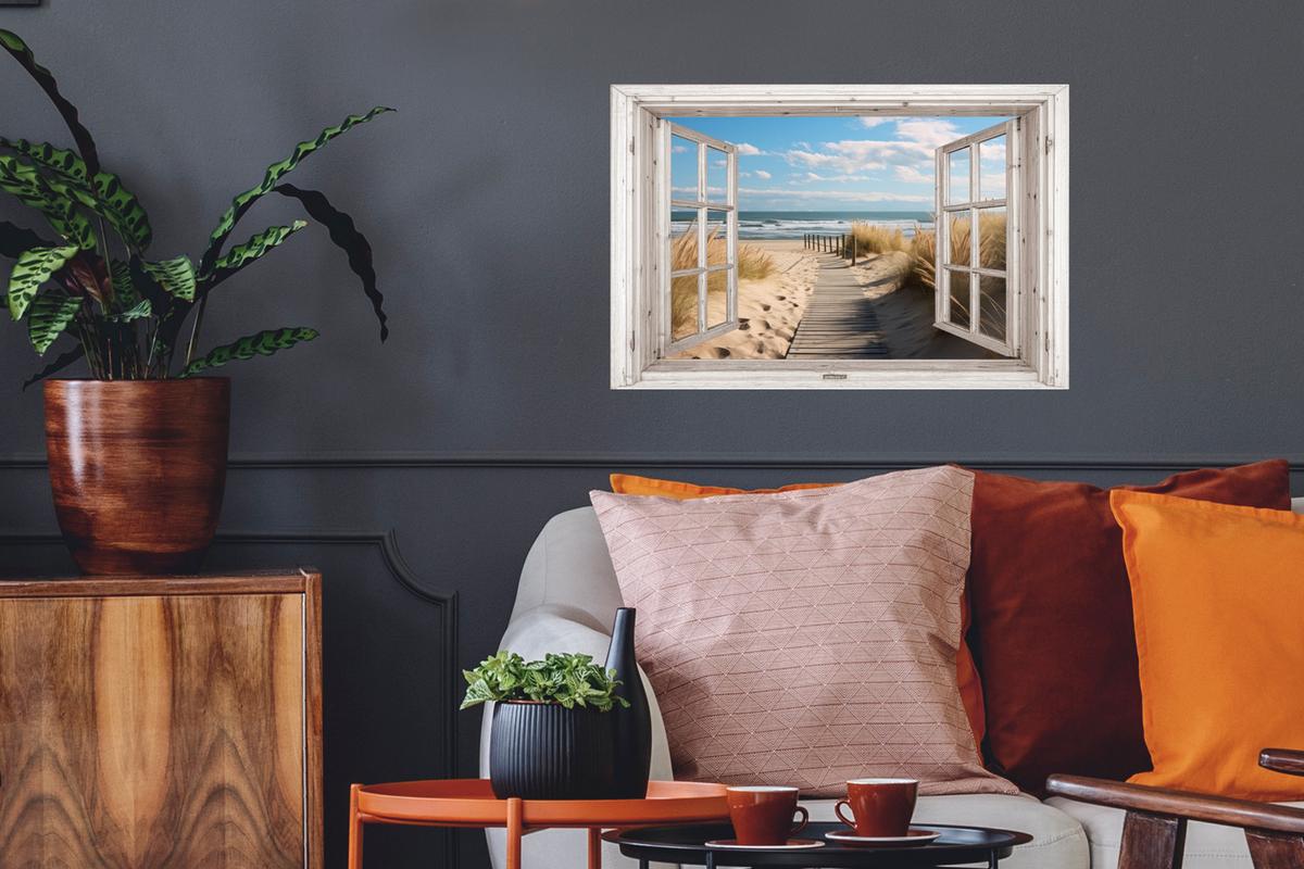 WANDTATTOO Fenster - Meer - Küste - Natur - Ausblick - Strand - Wattenmeer Deko Wohnzimmer 60x40 cm - Beige, Kunststoff (60/40/0.1cm) - MuchoWow