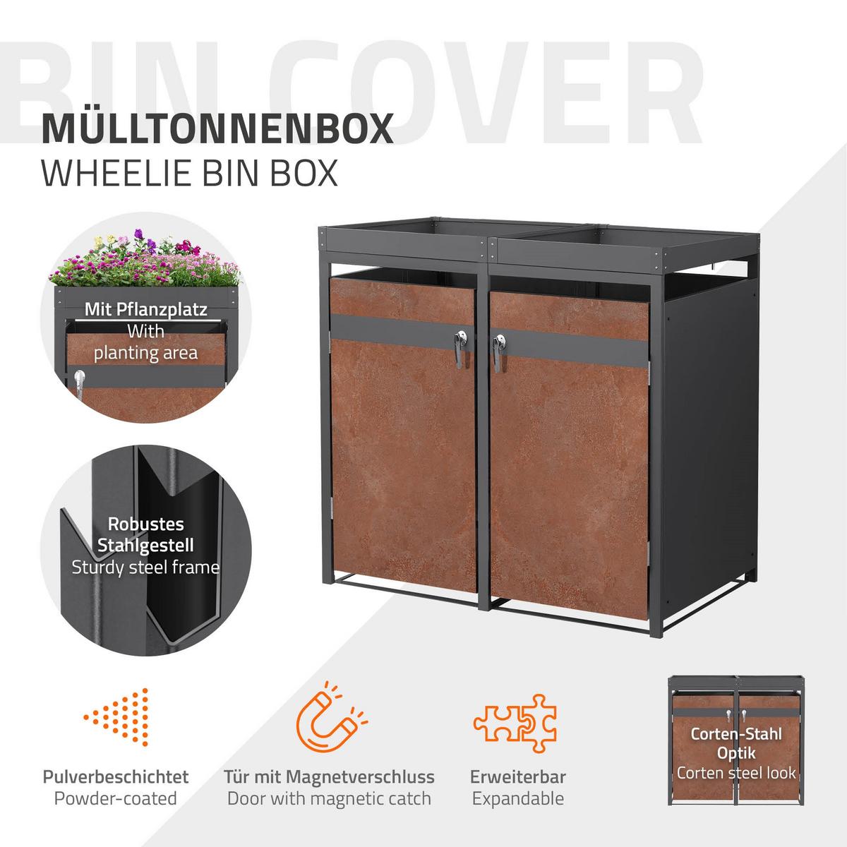 MÜLLTONNENBOX 2er mit Pflanzdach Anthrazit-Rostoptik - Rotbraun, Metall (132/124/80cm) - ML-DESIGN