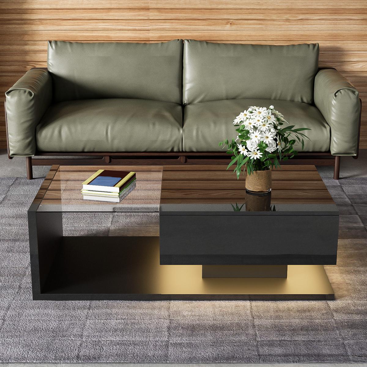COUCHTISCH Hochglanz Schwarz mit Glas, LED-Beleuchtung & Stauraum - Schwarz, Holzwerkstoff (55/105/32.5cm) - Urban Meuble