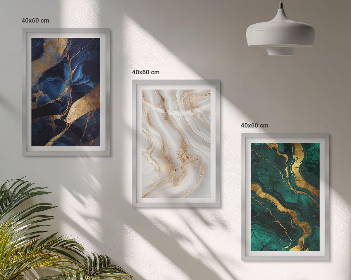 BILDER SET 3er Set - 40x60 cm Silberner Rahmen - Abstrakte blaugrüne Muster - Silberfarben, Kunststoff (40/60cm) - TULUP