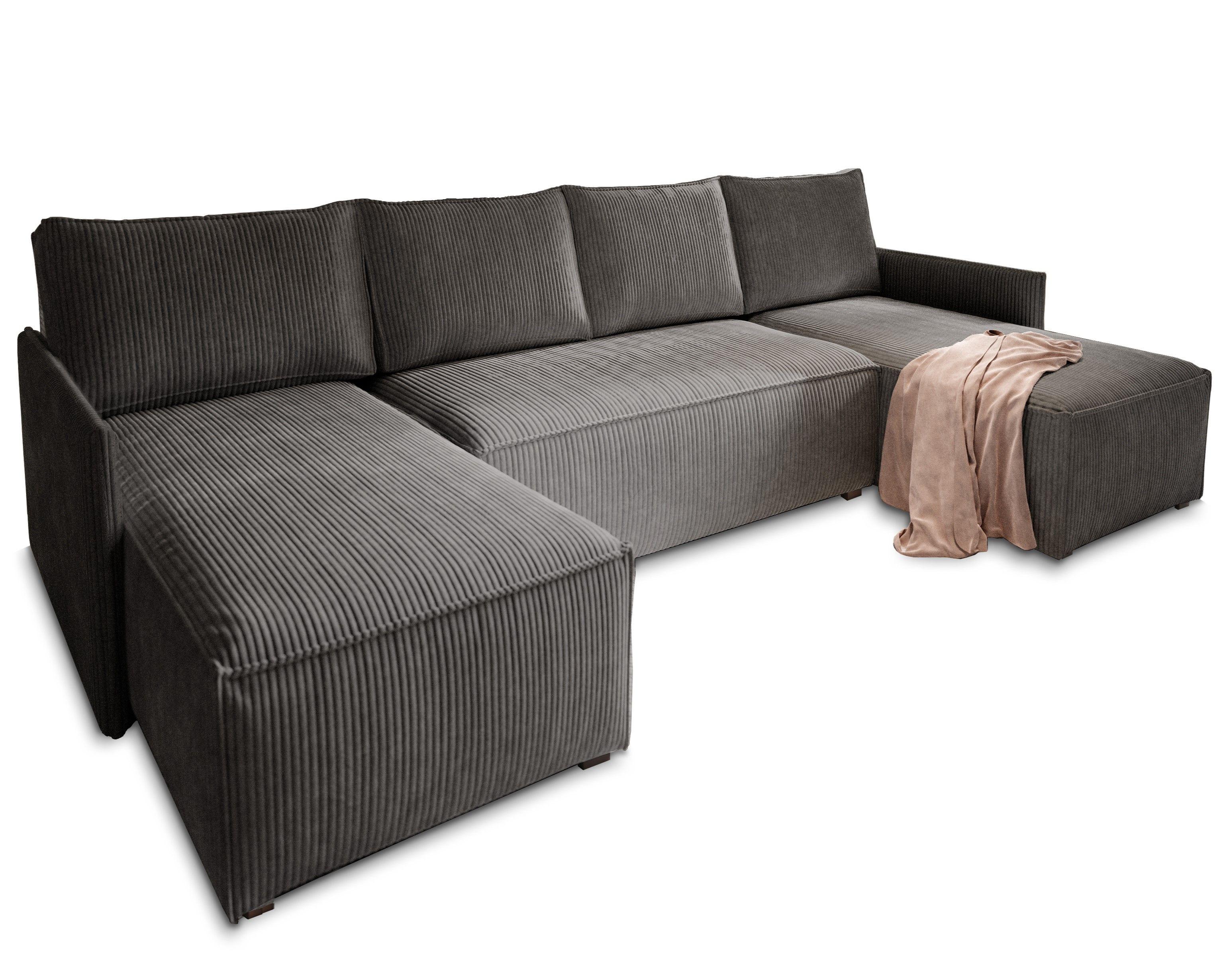 WOHNLANDSCHAFT TRES Graphitfarben Kordstoff mit Schlaffunktion - Graphitfarben/Grau, Holz/Kunststoff (271/85/140cm) - MASSENO