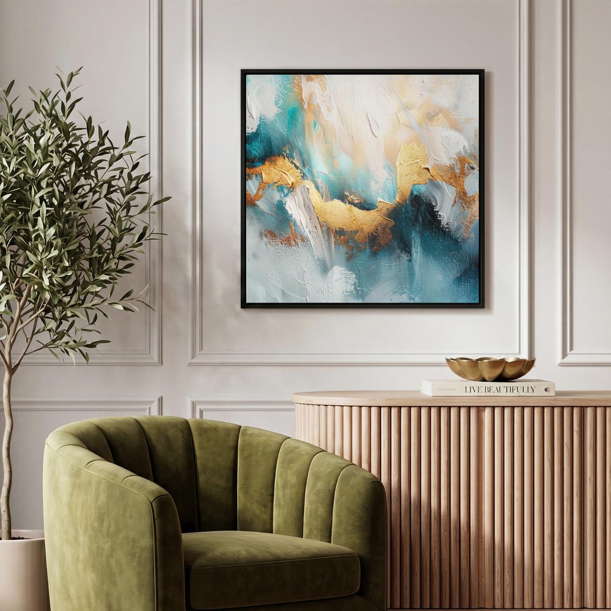 LEINWAND Bilder mit Rahmen - Abstrakt - Kunst - Gold - Blau - 50x50 - Petrol, Textil (50/50cm) - MuchoWow