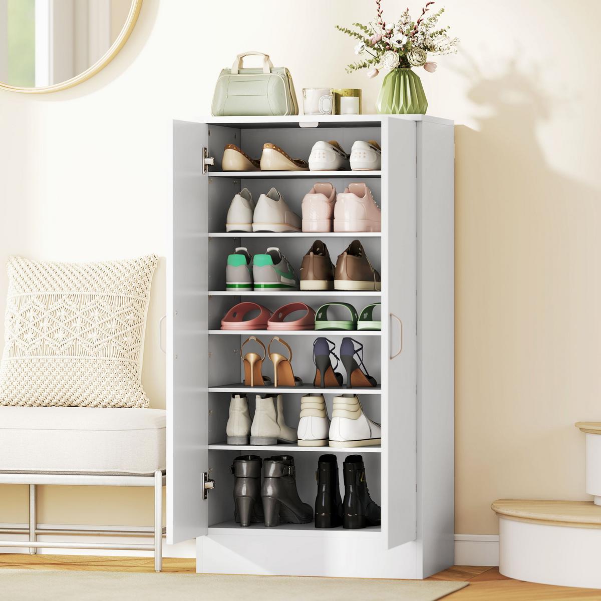 SCHUHSCHRANK mit Soft-Close-Tür, verstellbare Regale, für 14 Paare, Weiß - Alufarben/Weiß, Holzwerkstoff/Metall (55/108/35cm) - HOMCOM