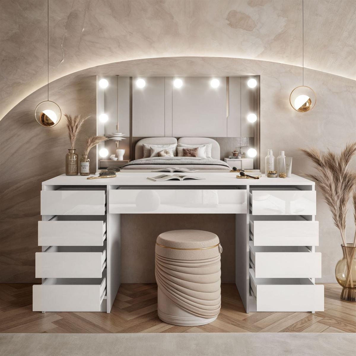 SCHMINKTISCH MADA DOUBLE ELITE mit Spiegel und Beleuchtung, Weiß hochglanz - Weiß, Holzwerkstoff (157/75/55cm) - Lookway