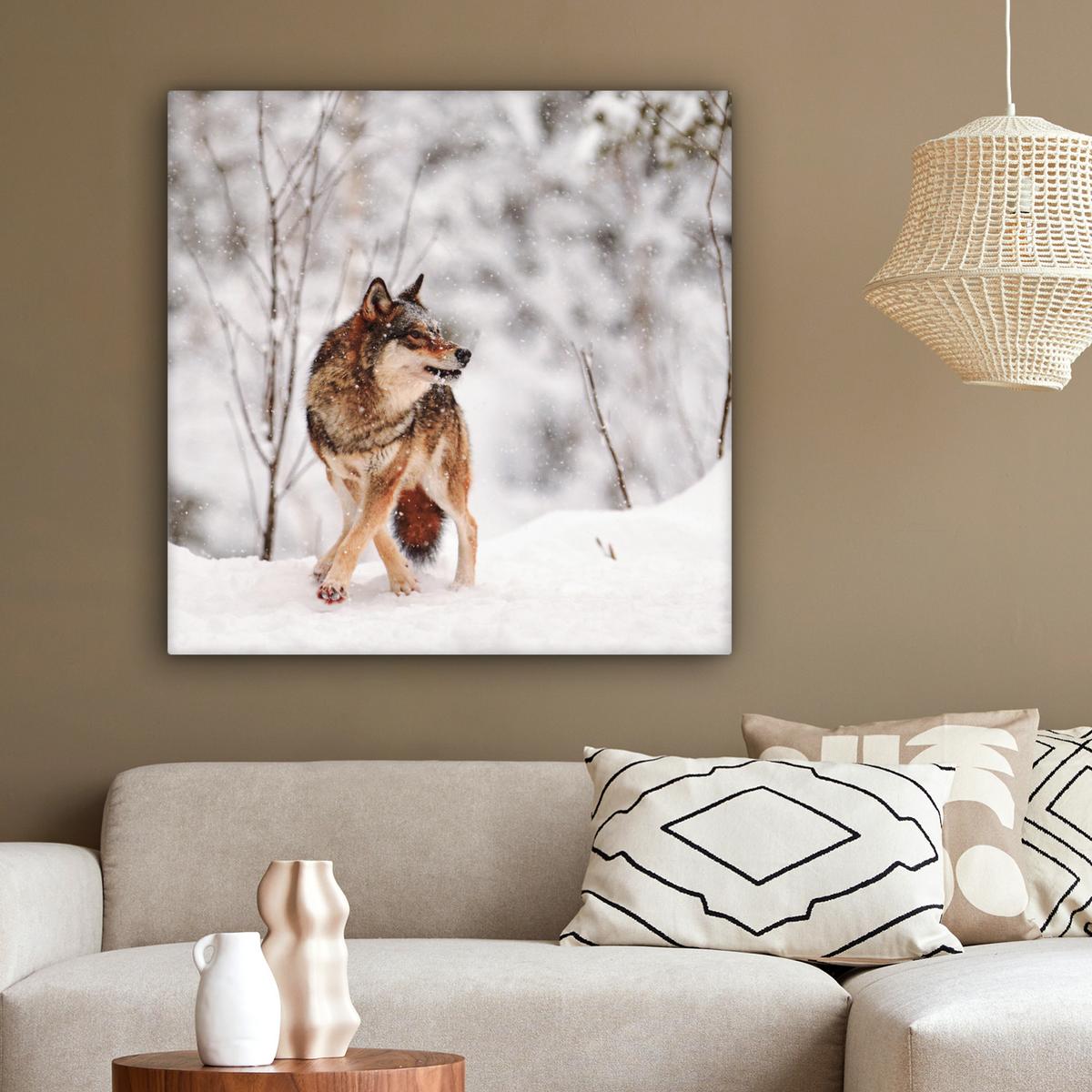 LEINWANDBILD Wolf - Winter - Schnee - Natur - Tiere Deko Groß 90x90 cm - Haselnussfarben, Textil (90/90cm) - MuchoWow
