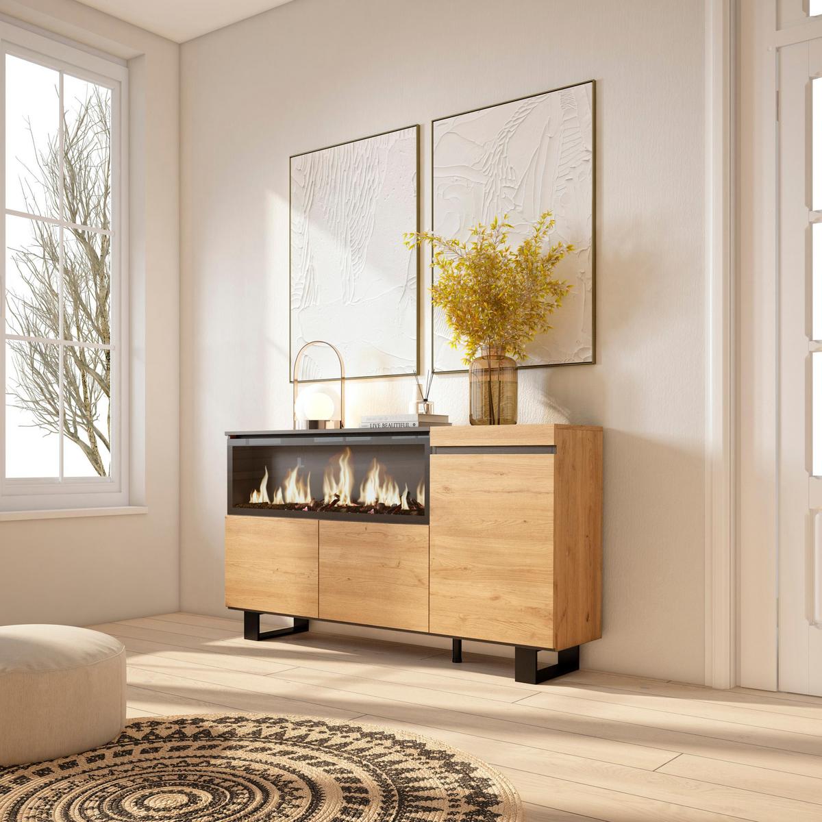 SIDEBOARD Highboard, mit Elektrokamin XXL, eiche, 158/35/87cm - Eichefarben, Holzwerkstoff (158/87/35cm) - Skraut Home
