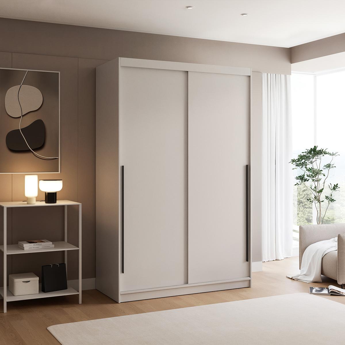 SCHIEBETÜRENSCHRANK SILENTE 140 cm mit Einlegeböden und Kleiderstange - Beige, Holzwerkstoff (140/215/60cm) - Idohome