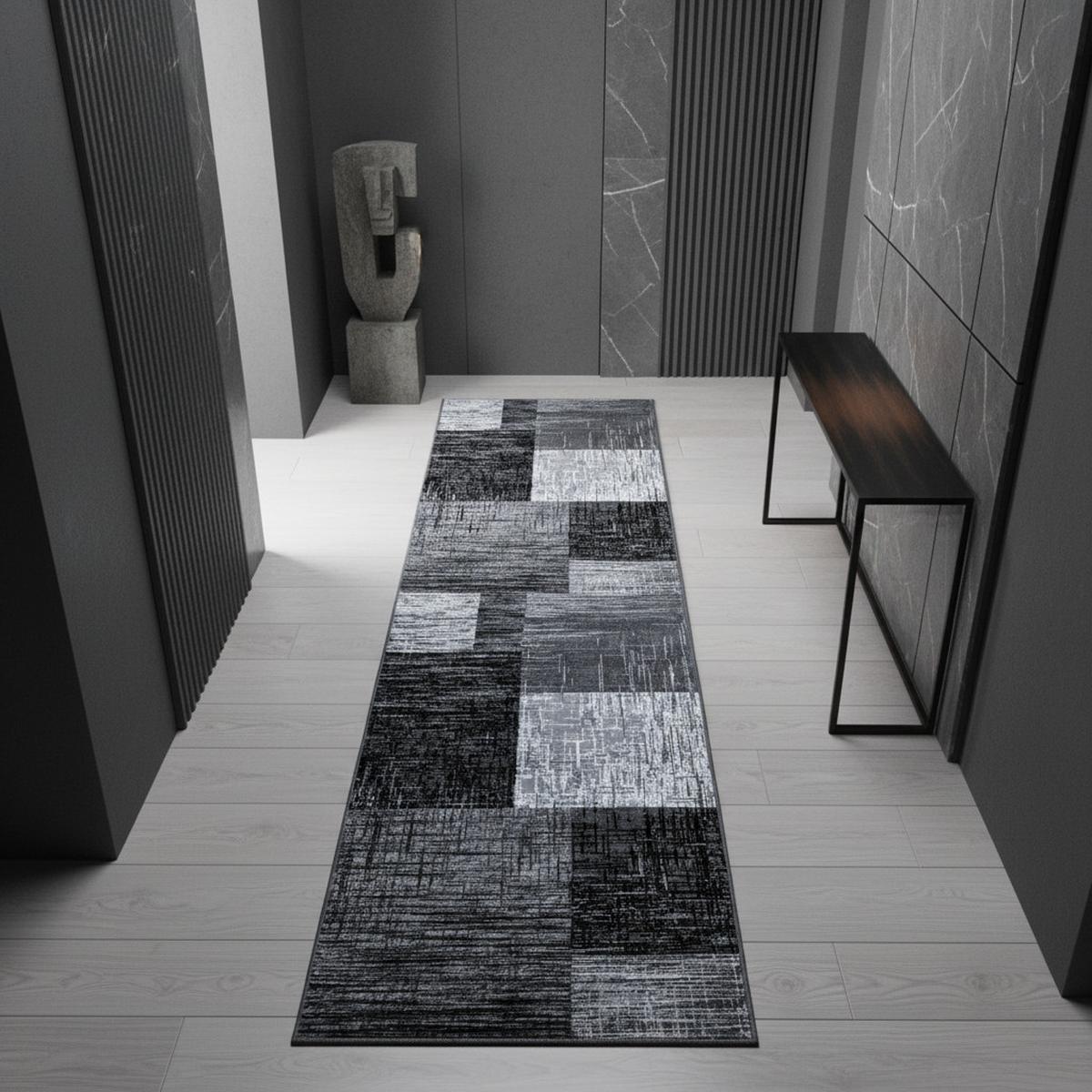 TEPPICH Kurzflor INN in Schwarz, abstrakt kariert, 80 x 300 cm - Schwarz, Textil (80/300cm) - KADIMA DESIGN
