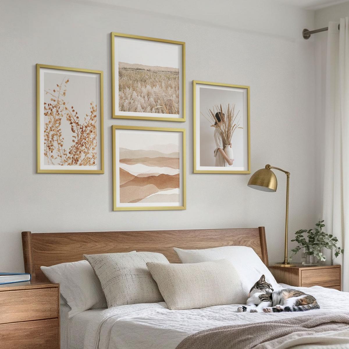 BILDER SET 4er Set - 50x50 cm & 40x60 cm Goldrahmen - Pflanzenmotive im Boho-Stil - Goldfarben, Kunststoff (50/50cm) - TULUP