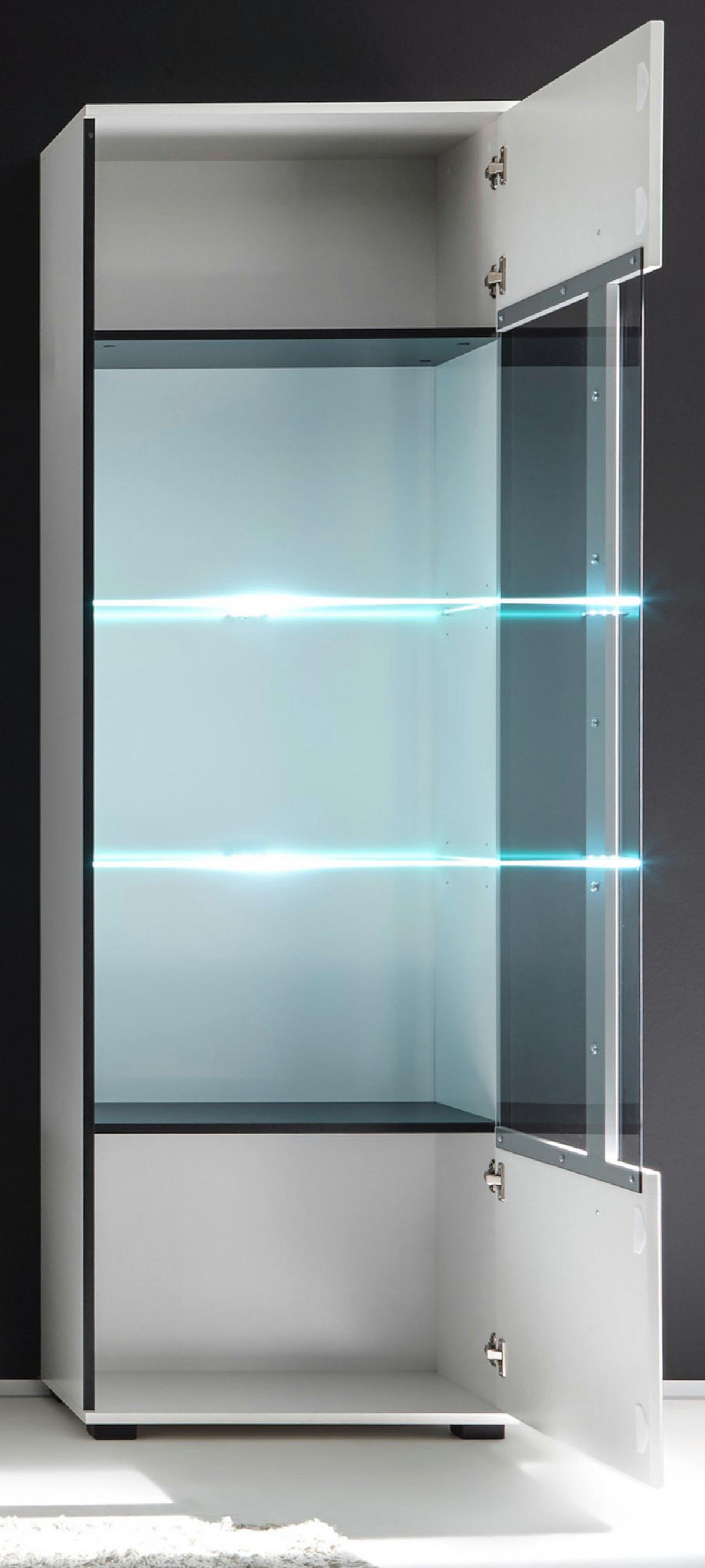 VITRINE weiß Hochglanz 60 x 200 cm, Vitrinenschrank mit 5 Fächern - Weiß Hochglanz/Schwarz, Glas/Holzwerkstoff (60/200/37cm) - Furn.Design