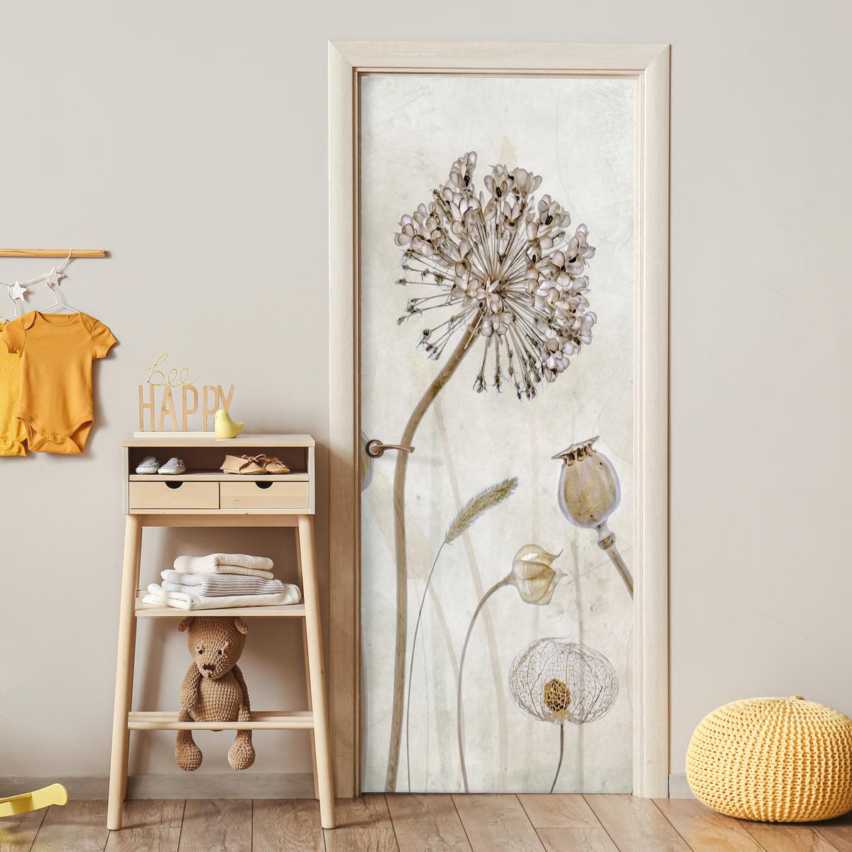 TÜRAUFKLEBER Blumen - Aquarell - Stilleben - Braun - Vintage 90x235 cm - Türtapete - Ecru, Kunststoff (90/0.1cm) - MuchoWow