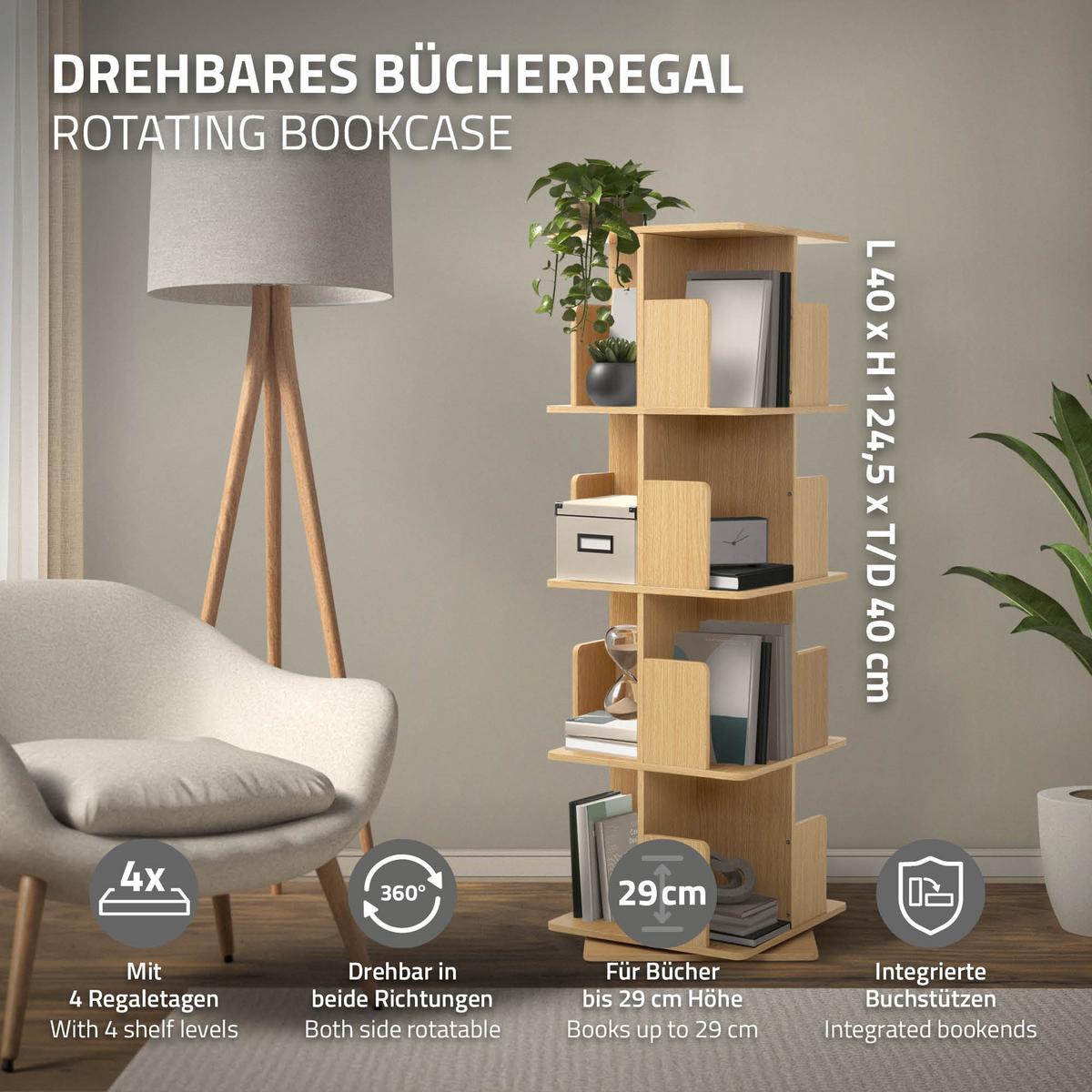 BÜCHERREGAL Kinder mit 4 Ebenen Eiche 40x124,5x40 cm Drehbar 360 Grad - Beige, Holzwerkstoff (40/124.5/40cm) - ML-DESIGN