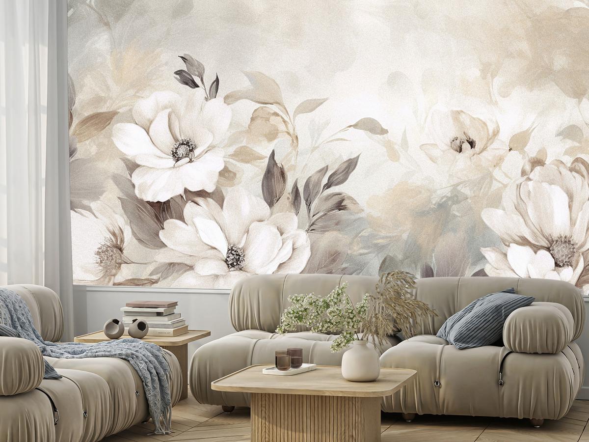 FOTOTAPETE für Schlafzimmer Abstrakte Creme Blumen Aquarell 300x210 - Beige/Braun, Papier (300/210cm) - Muralo