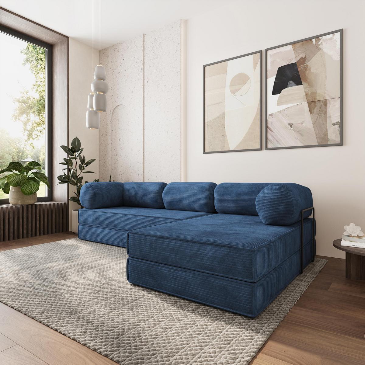 ECKSOFA ETERA modulares Boneless Sofa mit Schlaffunktion Blau Kordstoff - Blau, Textil (270/160cm) - MASSENO