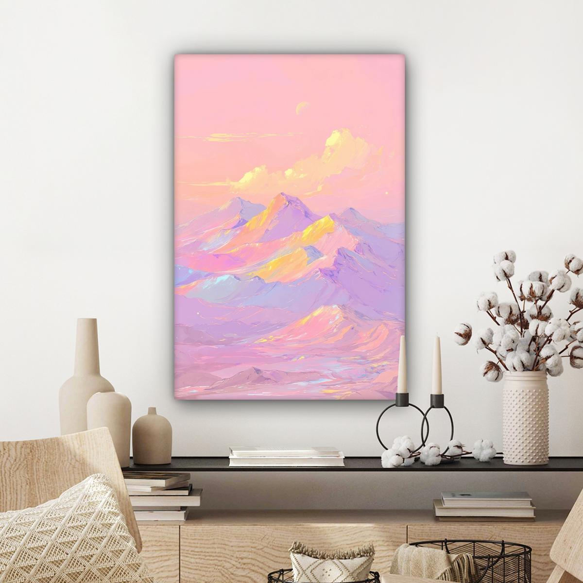 LEINWANDBILD Berggipfel - Wolken - Verträumt Wanddeko Schlafzimmer 60x90 cm - Hellrosa, Textil (60/90cm) - MuchoWow