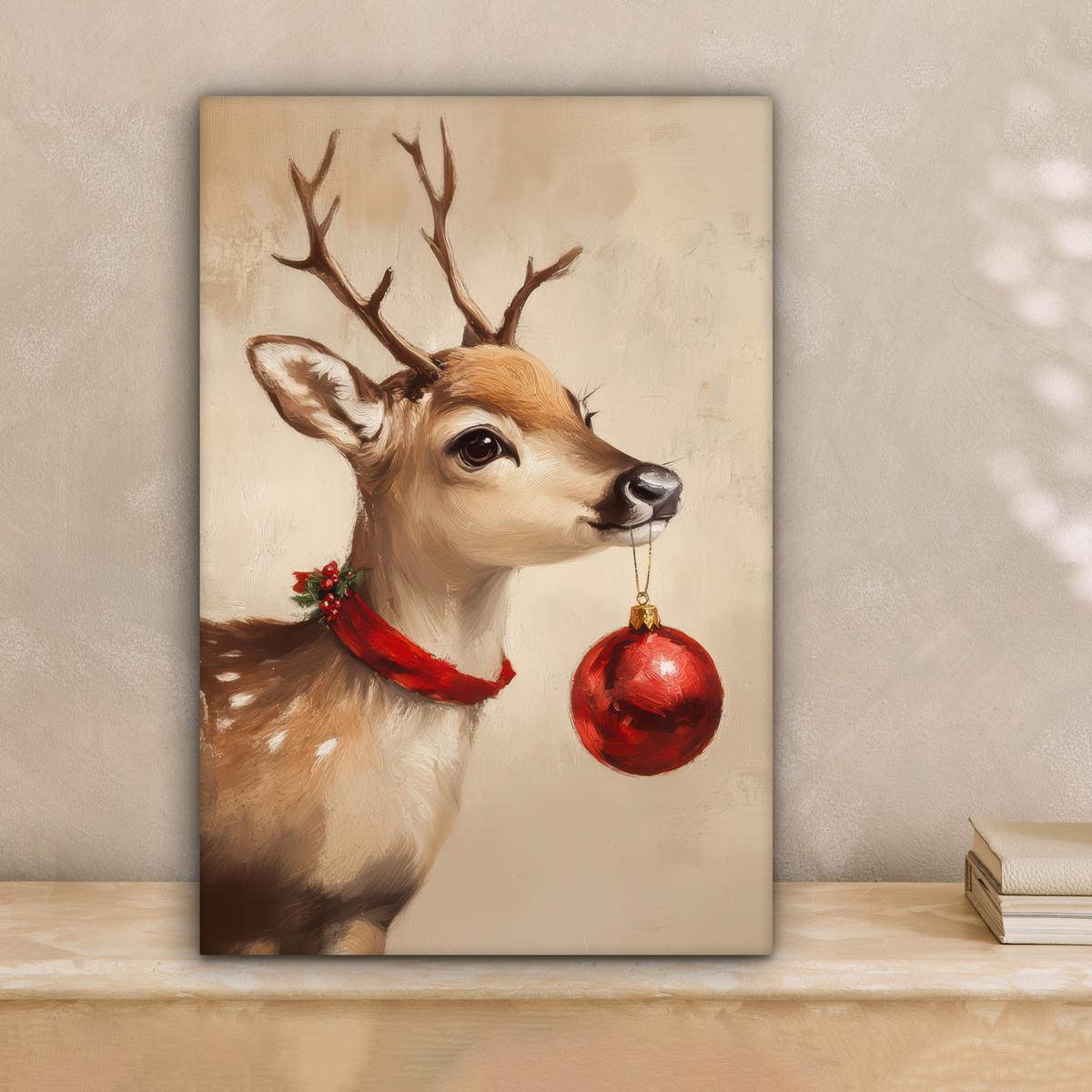 LEINWANDBILD Weihnachten - Hirsch - Geweih - Weihnachtskugel - Rentier Deko Wohnzimmer 20x30 cm - Hellbraun, Textil (20/30cm) - MuchoWow